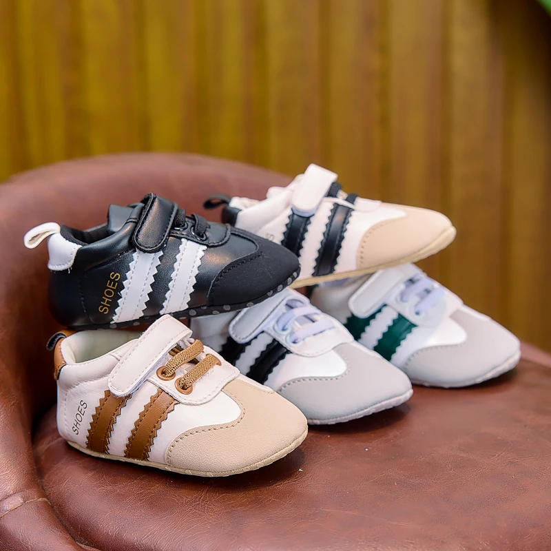 Frühlings- und Herbst-Babyschuhe, farblich abgesetzte, gestreifte Babyschuhe mit Klettverschluss, Lauflernschuhe mit weicher Sohle für Neugeborene, 0–12 Monate, Schuhe für Jungen und Mädchen – Detail 1