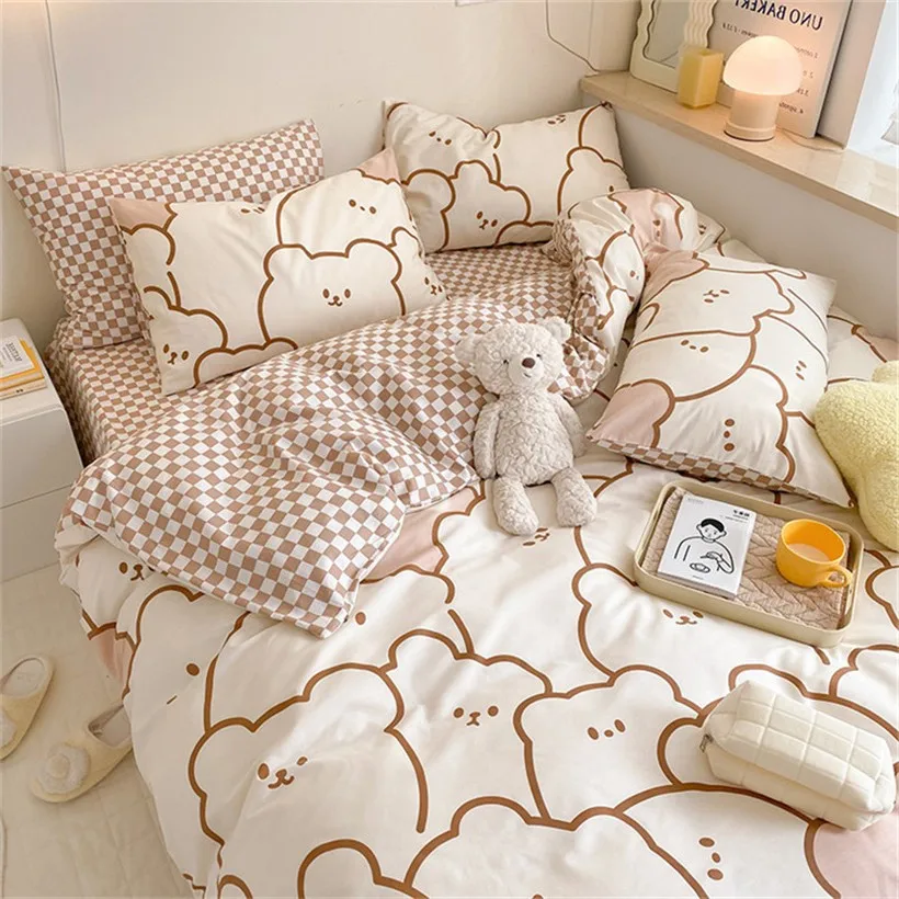 Kids Bedding Set No Filling Kawaii Cartoon Duvet Cover Flat Sheet Pillowcase Soft Bed Linens Dormitory Bedroom Home Textile