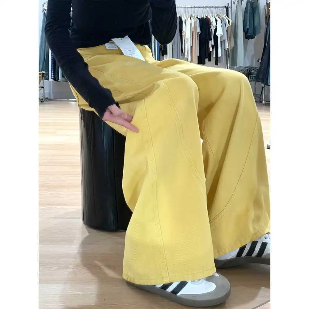 Korean Style Wide Leg Baggy Jeans For Women High Waist Chic Casual Streetwear Yellow Female Y2k Pants Denim Trousers