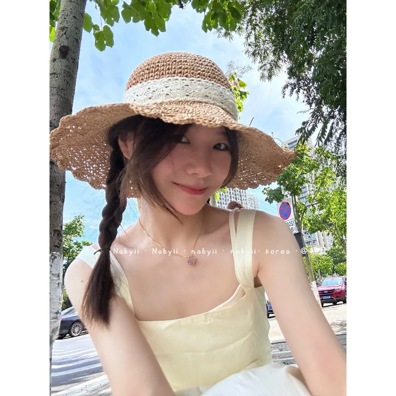 】Korean Artsy Sweet Cute Japanese Style Summer Seaside Vacation Big Brim-Proof Straw Hat Female