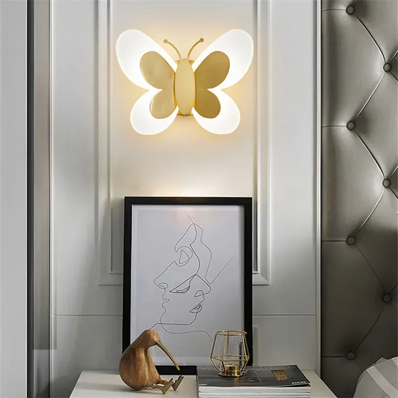 OUFULA Indoor Gold Copper Butterfly Bedside Lighting LED 3 Colors Lifelike Creative Wall Lamp for Home Living Room Decor