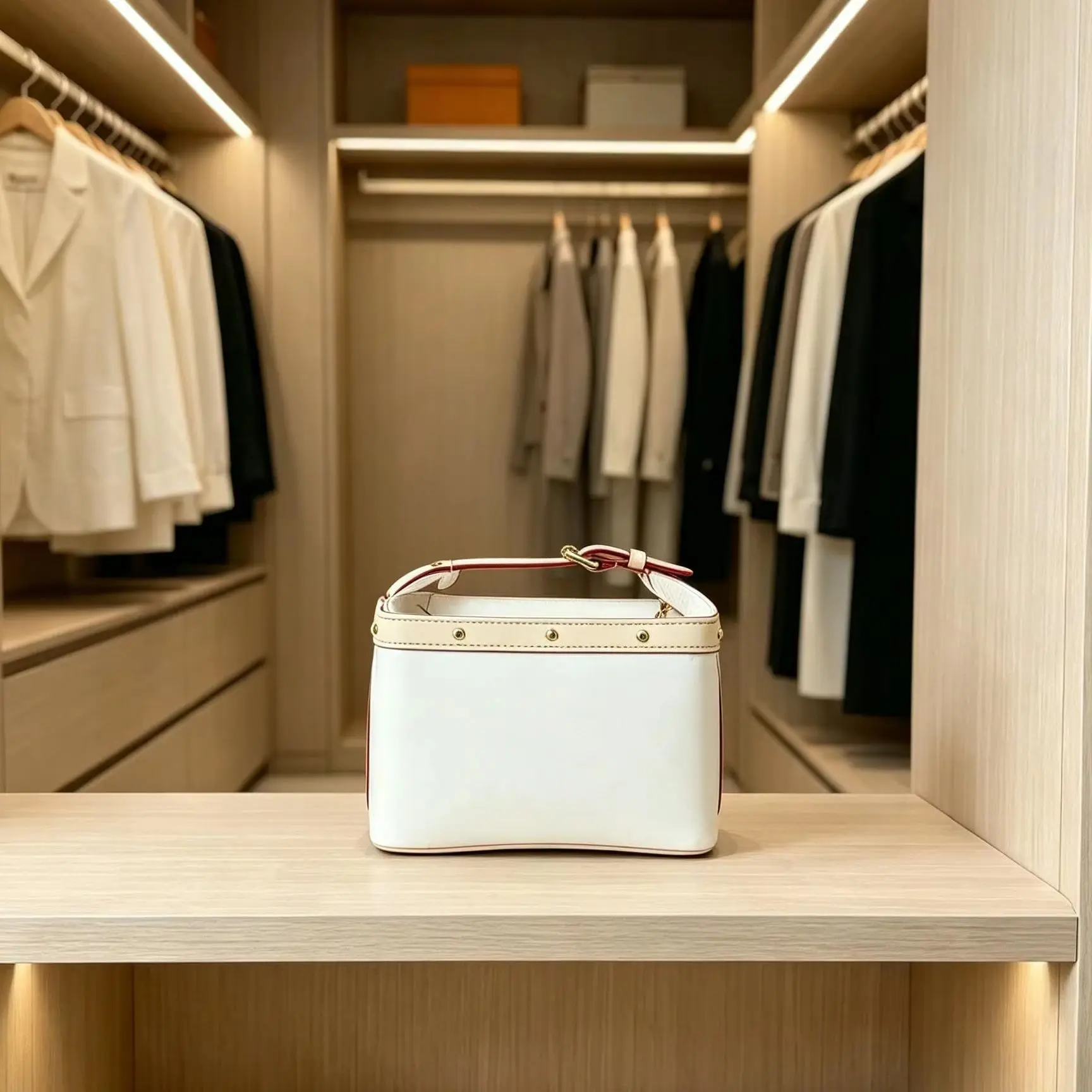 White Contrast Trim Mini Bucket Bag for Women, Leather Top Handle Handbag with Gold Hardware