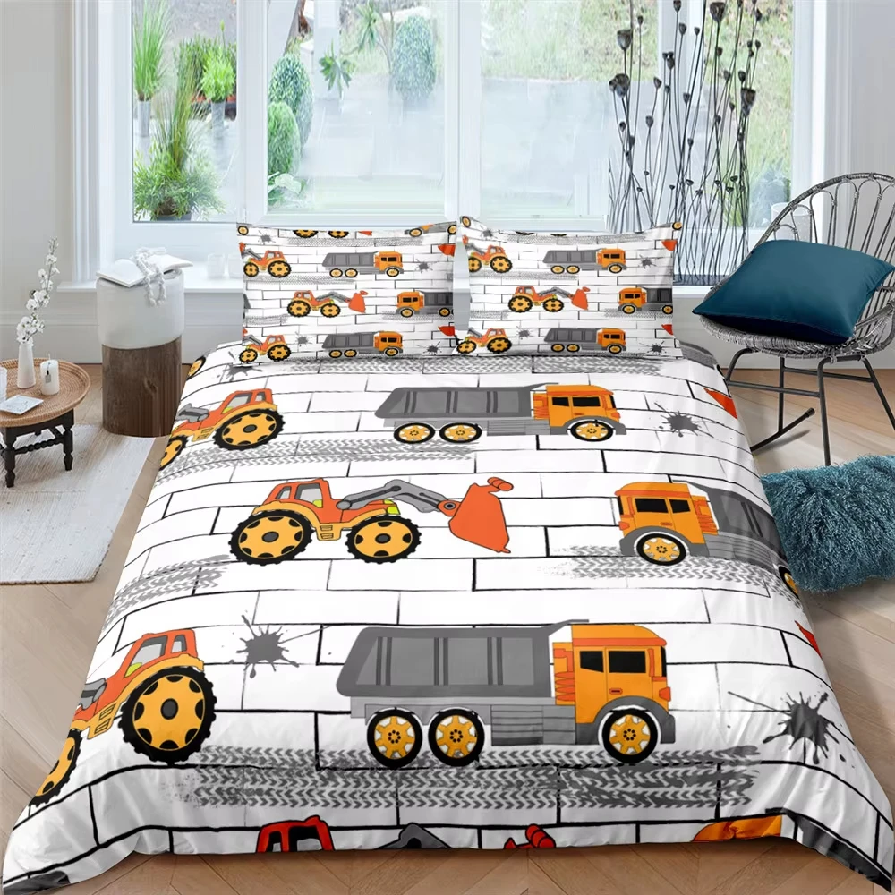 Excavator Duvet Cover, Construction Vehicle Cartoon Bedding Set for Boys Girls, Equipment Heavy Machinery Truck Comforter Cover