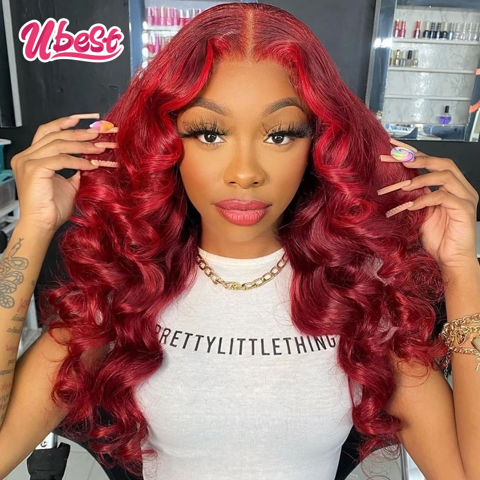 

Burgundy Red Colored 13x6 Lace Front Wig Pre-Plucked 28 30 Inch Peruvian Body Wave Human Hair Wigs Transparent Lace Frontal Wig