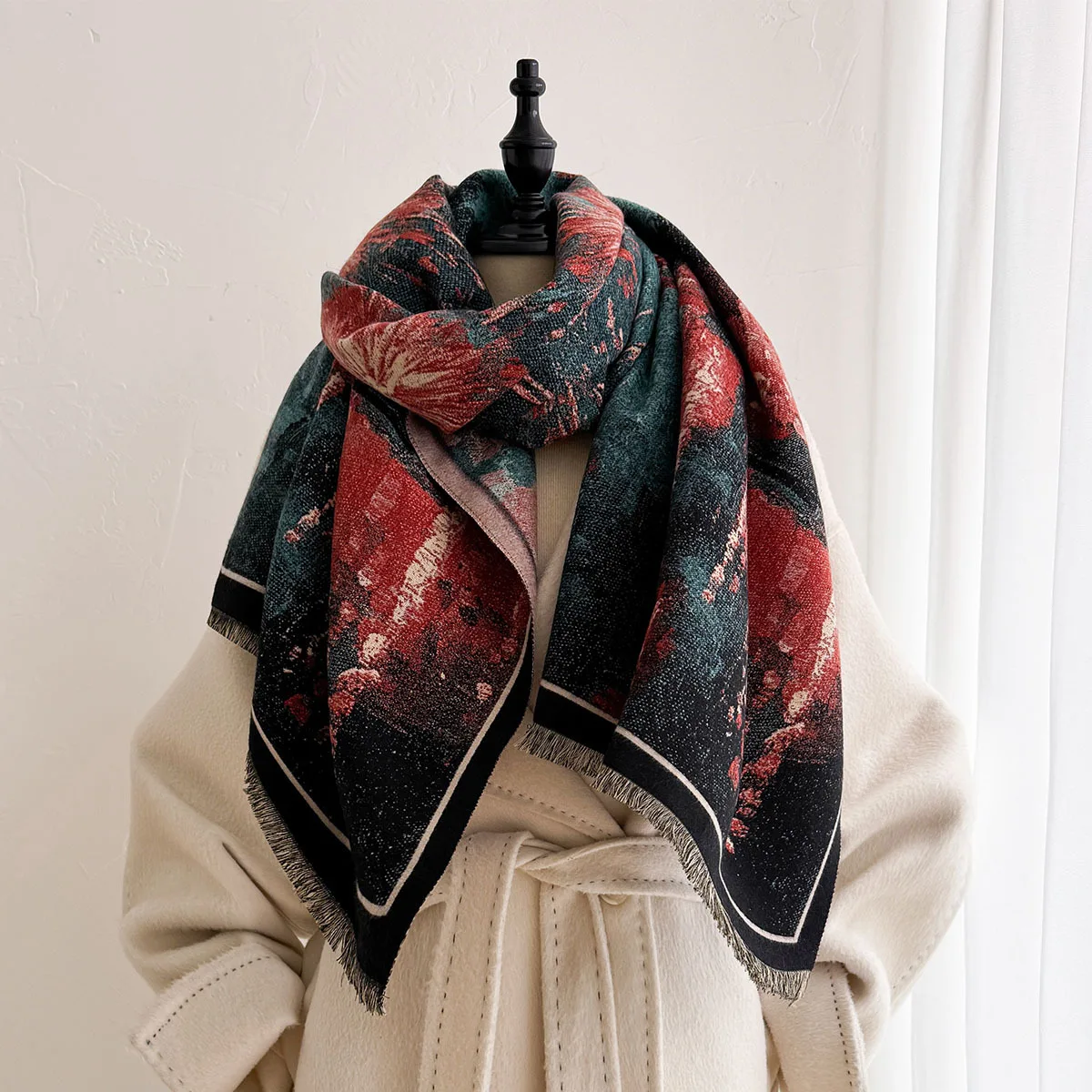 Ladies Monet Twilight Nightscape Oil Painting Printed Imitation Cashmere Scarf Stylish Tassel Fringe Shawl Warm Versatile Daily