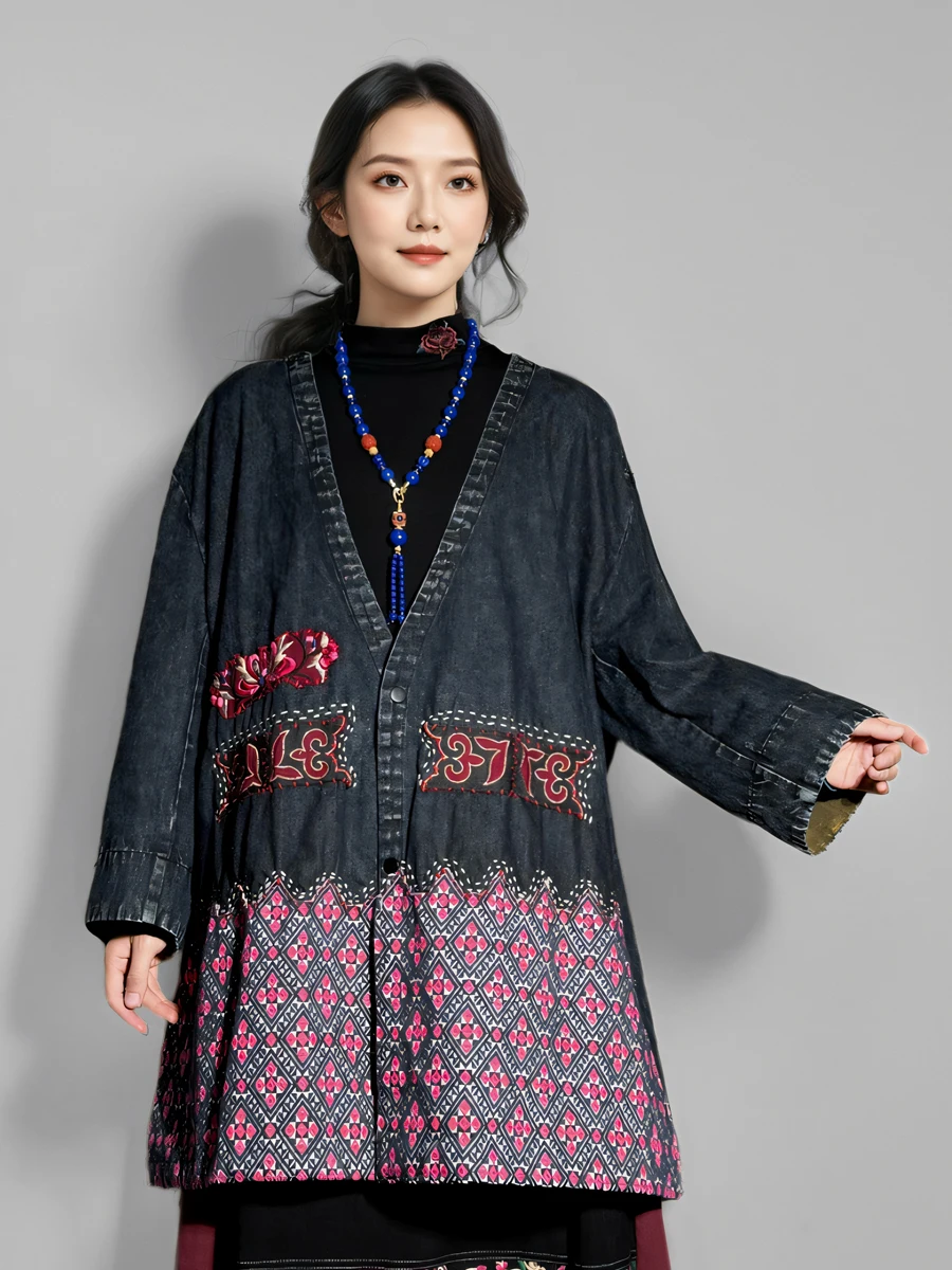 Original Design Embroidered V-Ne Jaet Women's Loose Fit Heavy Embroidery National Sle Denim Jaet Versatile Casual Out...