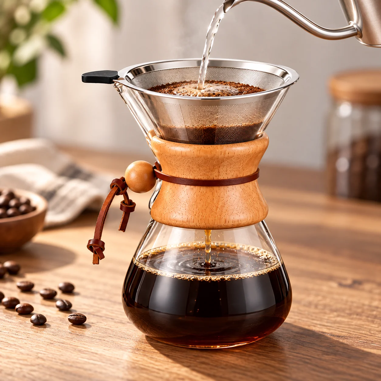 BIGE Pour Over Coffee Maker with Stainless Steel Filter Borosilicate Glass Carafe Wooden Collar 400ml 600ml 800ml