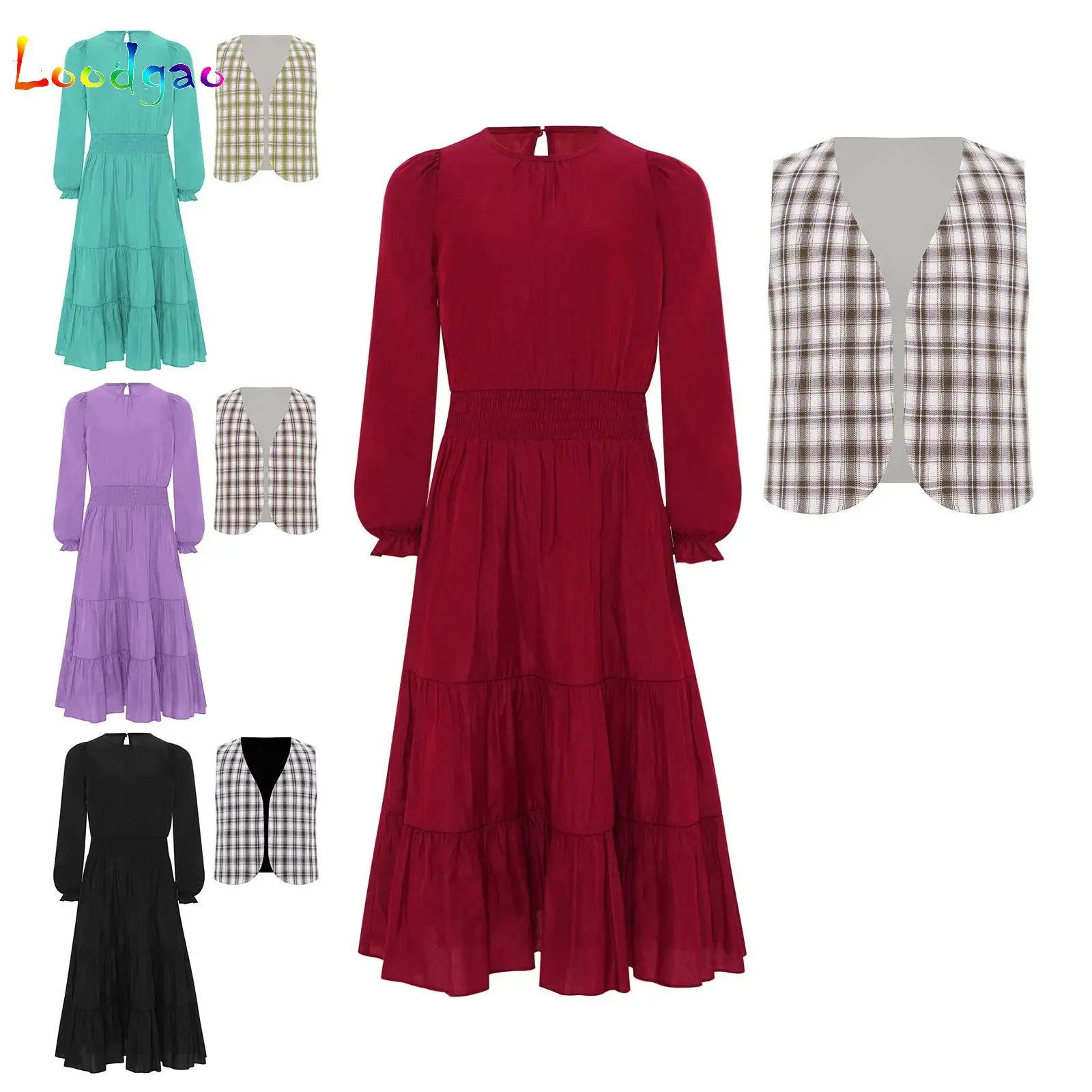 

Kids Girls 2Pcs Spring Clothes Set Long Puff Sleeves Smocked Waist Tiered Ruffled Dress with Plaid Vest Waistcoat Children