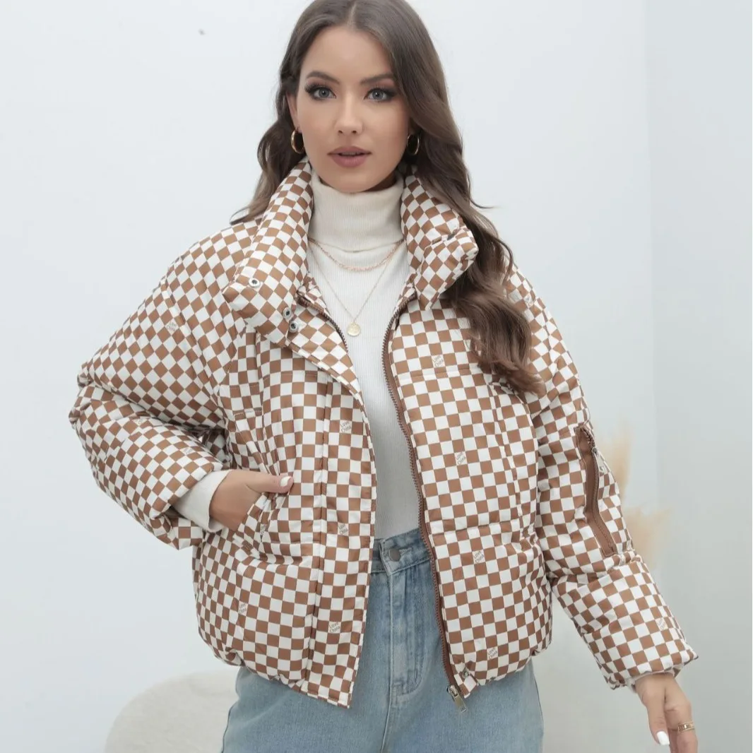 2025 Plus Size Checkered Puffer Coat Warm Quilted Hooded Parka Stand Collar Patch Pockets Windproof Loose Fit Winter Jacket