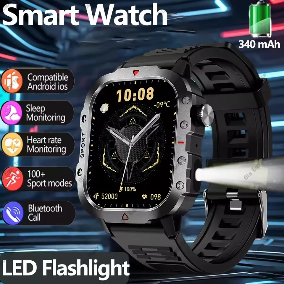 2025 Nieuwe Militaire Outdoor Smart Horloge 2025 Mannen LED Zaklamp Hartslag Bloed Zuurstof Bluetooth Oproep Sport Waterdichte Smartwatch