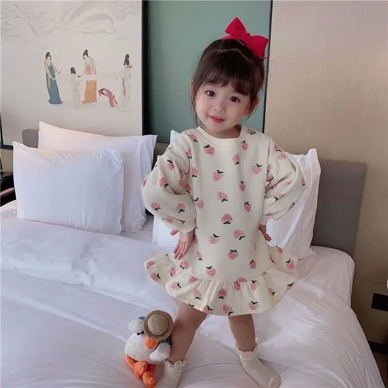 Girls' Cotton Plush Sweatshirt Dress Baby Autumn Winter Clothes Long Sleeve Casual Fashion Bud Dress 1-12T