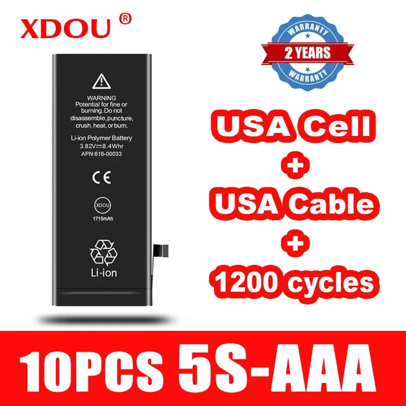 10pcs XDOU Battery For IPhone 5S 1560mAh Replacement Repair USA Cell USA Cable 1200 Times Cycles For IPhone5S 2024 AAA