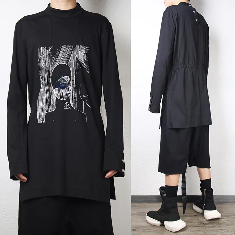 

Long Abstract Face Print irt Men's Street Sle Hip Hop Trendy Loose Fit Regular Sve Autumn Faion High Street Clothing