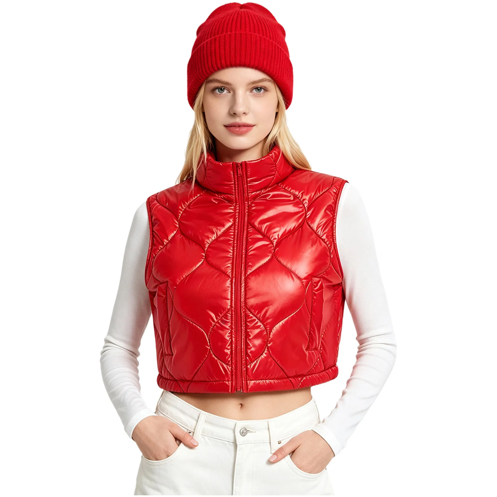 Womens Winter Quilted Puffer Jacket Vest Sleeveless Zip-up Crop Top Coat Padded Warm Waistcoat Cycling Hiking Outdoor Outerwear