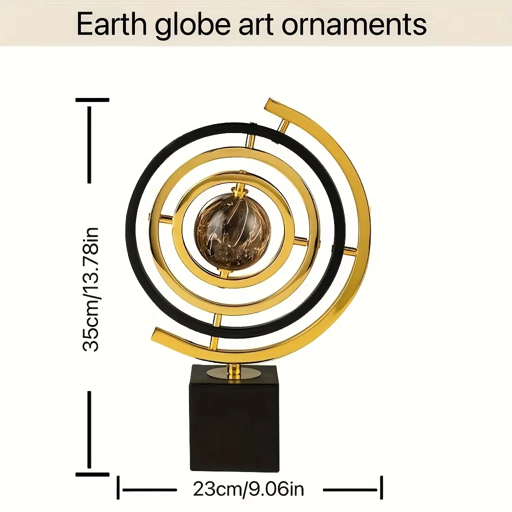 Black  Abstract Metal Globe Statue Modern Art Sculpture Rectangular Base Desktop Decor for Home Office Living Room Study Shelf
