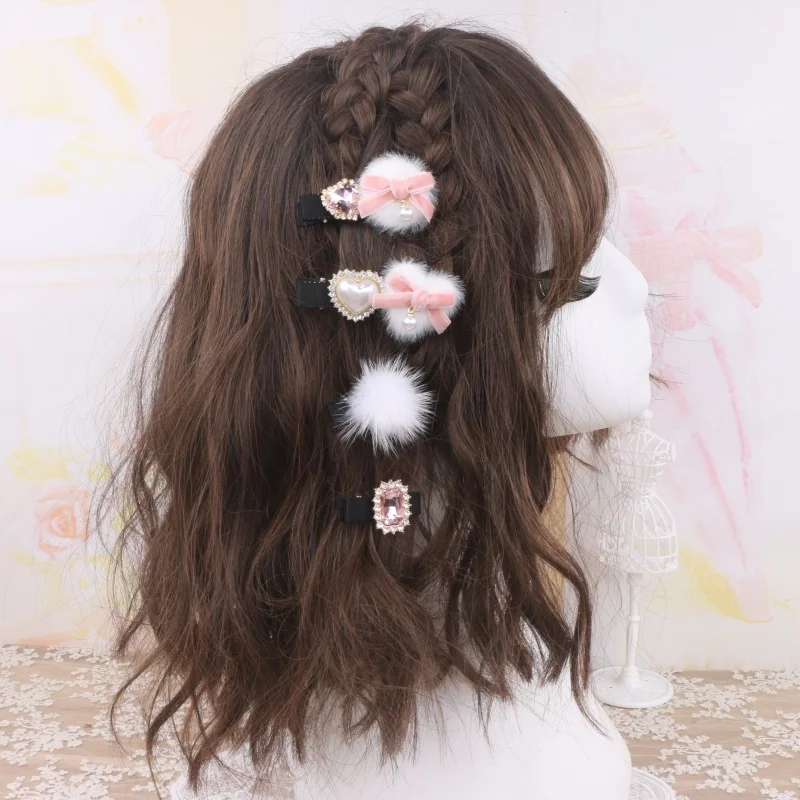 Lot de 4 pinces à cheveux Harajuku en fourrure, joli petit nœud, 4 pièces, strass, velours, mode Loria Lolita Y2K, pinces à cheveux pour filles