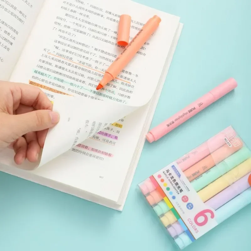 6Pcs/set Pastel Color Macaron Highlighter Pen Marker Pens Fluorescent Pen Drawing Highlighters Cute Stationery School Supplies