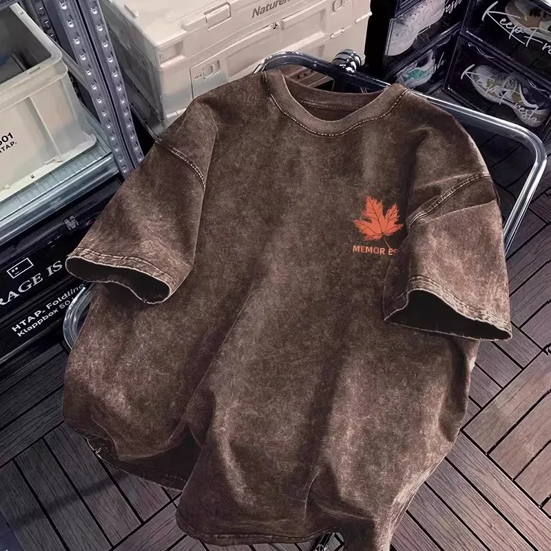 

Футболка оверсайз 300 Pou Vintage с коротким рукавом, летняя, с принтом кленового листа, модная, брендовая, свободного кроя, дышащая