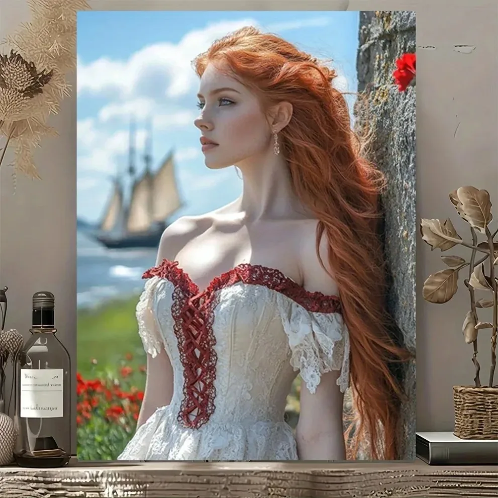 HD Metal Tin Sign Stunning Redhead Pirate Princess in Vintage Lace Dress Coastal Wall Art Retro Metal Plaque for Man Cave Decor