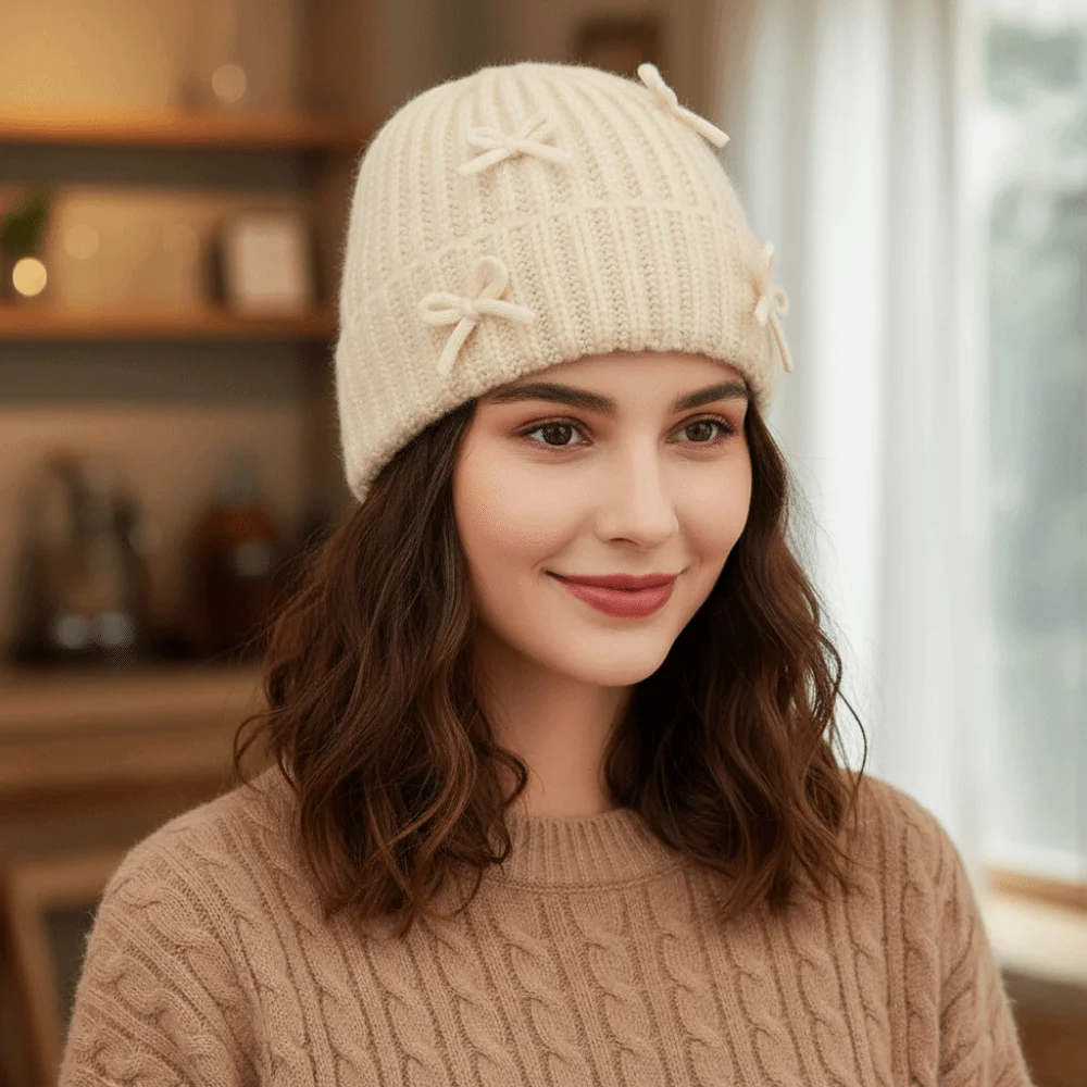 

Модная теплая вязаная шапка-бини с бантом, шерстяная шапка-пуловер в корейском стиле, однотонная, с милым бантом, осенняя