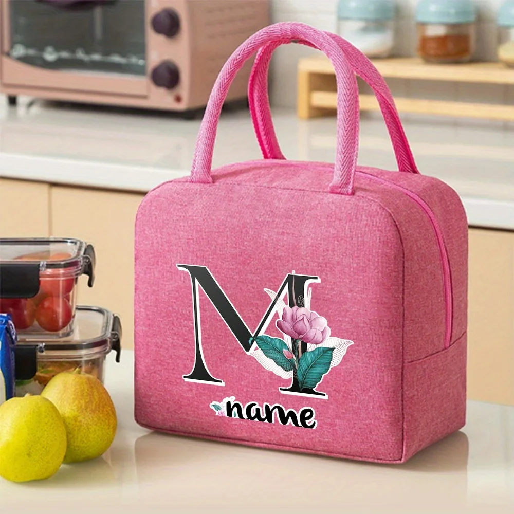 Customized Insulated Pink Lunch Bag Bento Bag Aluminum Foil Personalized Letter Pattern Insulated Lunch Box Picnic Food Bag