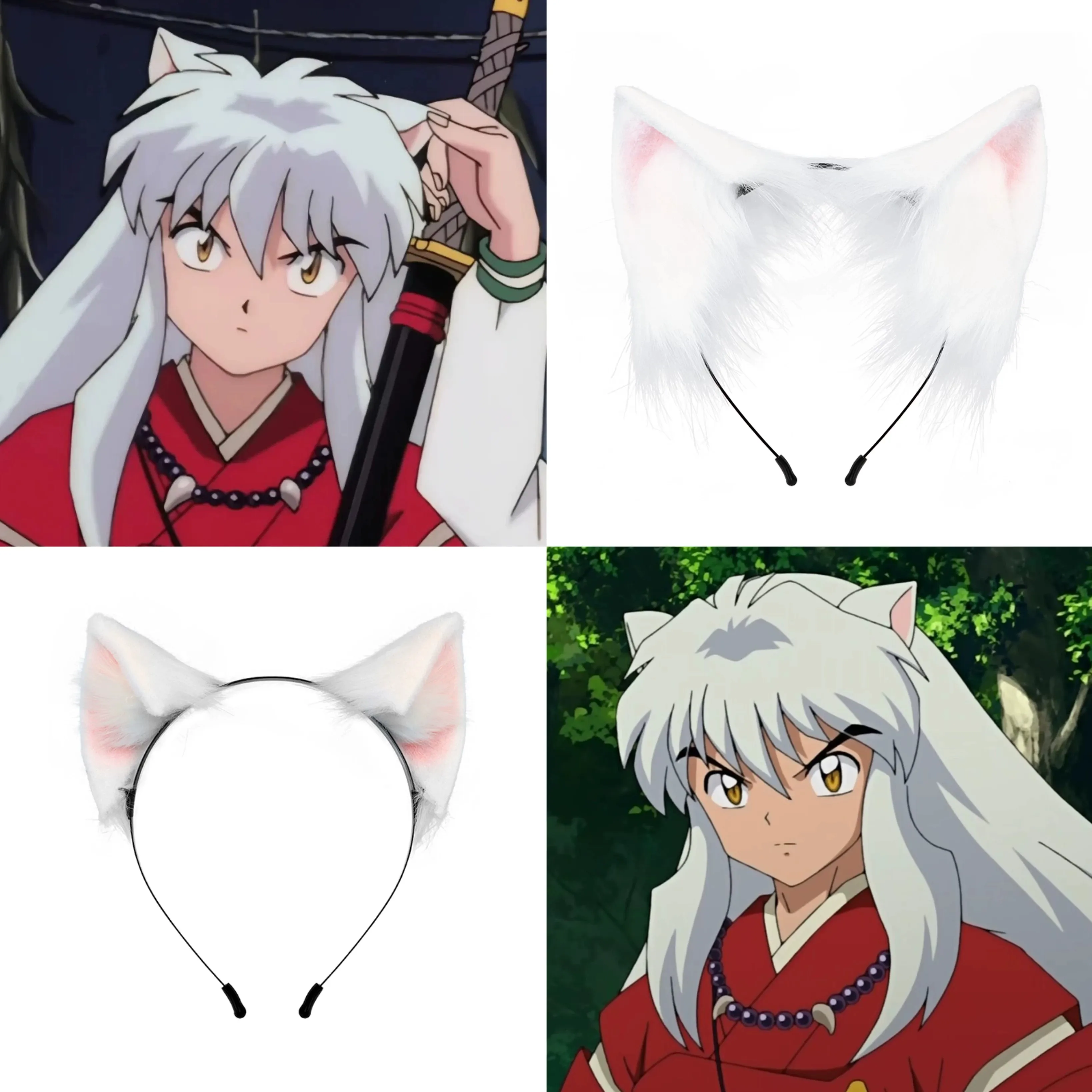 NSPSTT Inuyasha Cosplay Headband with White Pink Cat Dog Ears Kemono Hair Clips Anime Accessory for Fans