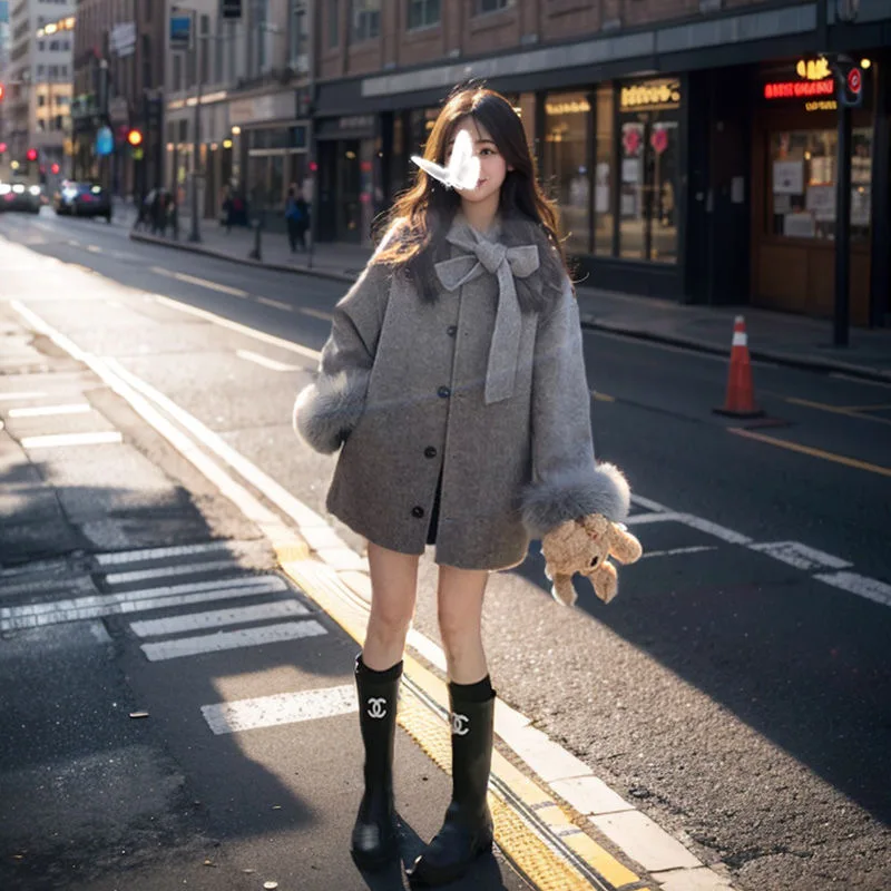 Hepburn Style Gray Wool Coat for Women Autumn/Winter New Bow Woolen Cloak Coat Winter Clothes Loose High end Jacket Women Top