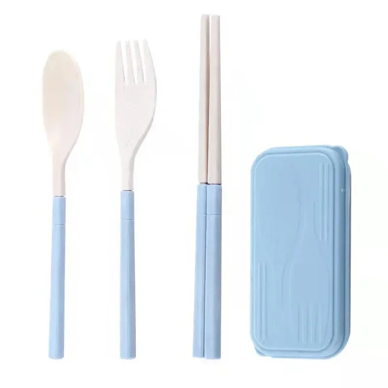 4PCS/Set Wheat Straw Cutlery Foldable Spoon Fork Chopsticks Tableware Students Dinnerware Kitchen Use Travel Portable With Box