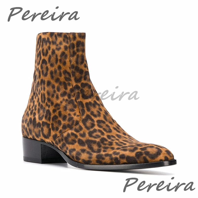 British Style Leopard Chelsea Boots Autumn Winter Trend Retro Genuine Leather Med Heel Short Shoes Party Banquet Dress Shoes