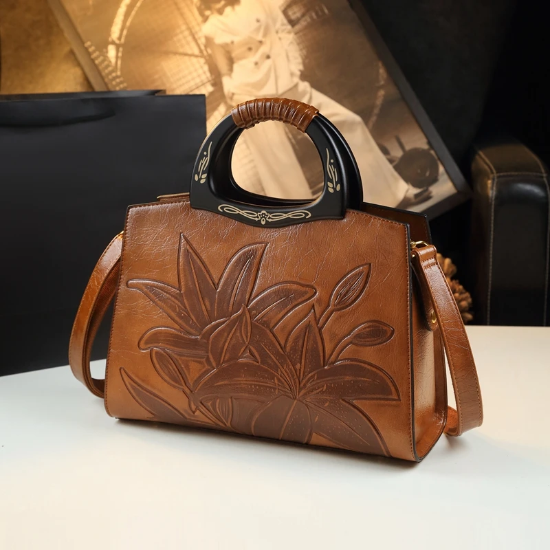 Retro Genuine Leather Women's Handbags Fashion All-Match Mom Shoulder Crossbody Bag Lady Flower Portbale Top Handle Bags