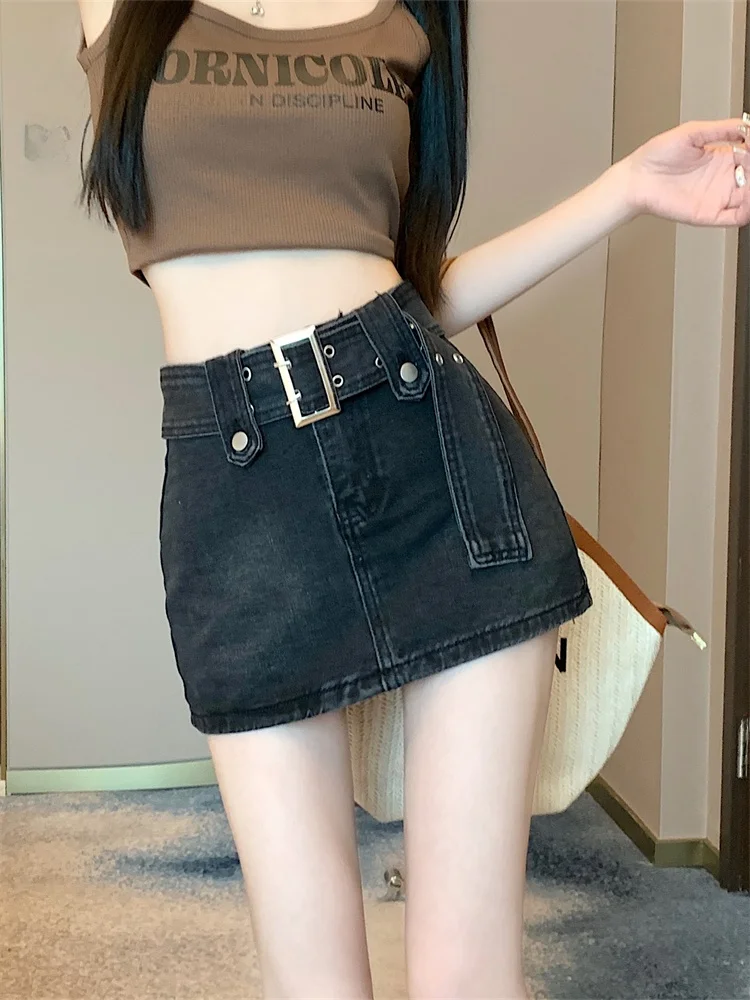 ارتفاع الخصر Bla الدنيم تنورة المرأة Sle الكورية تخفيف خمر زر سستة كيت تصميم ألف خط ort تنورة #2