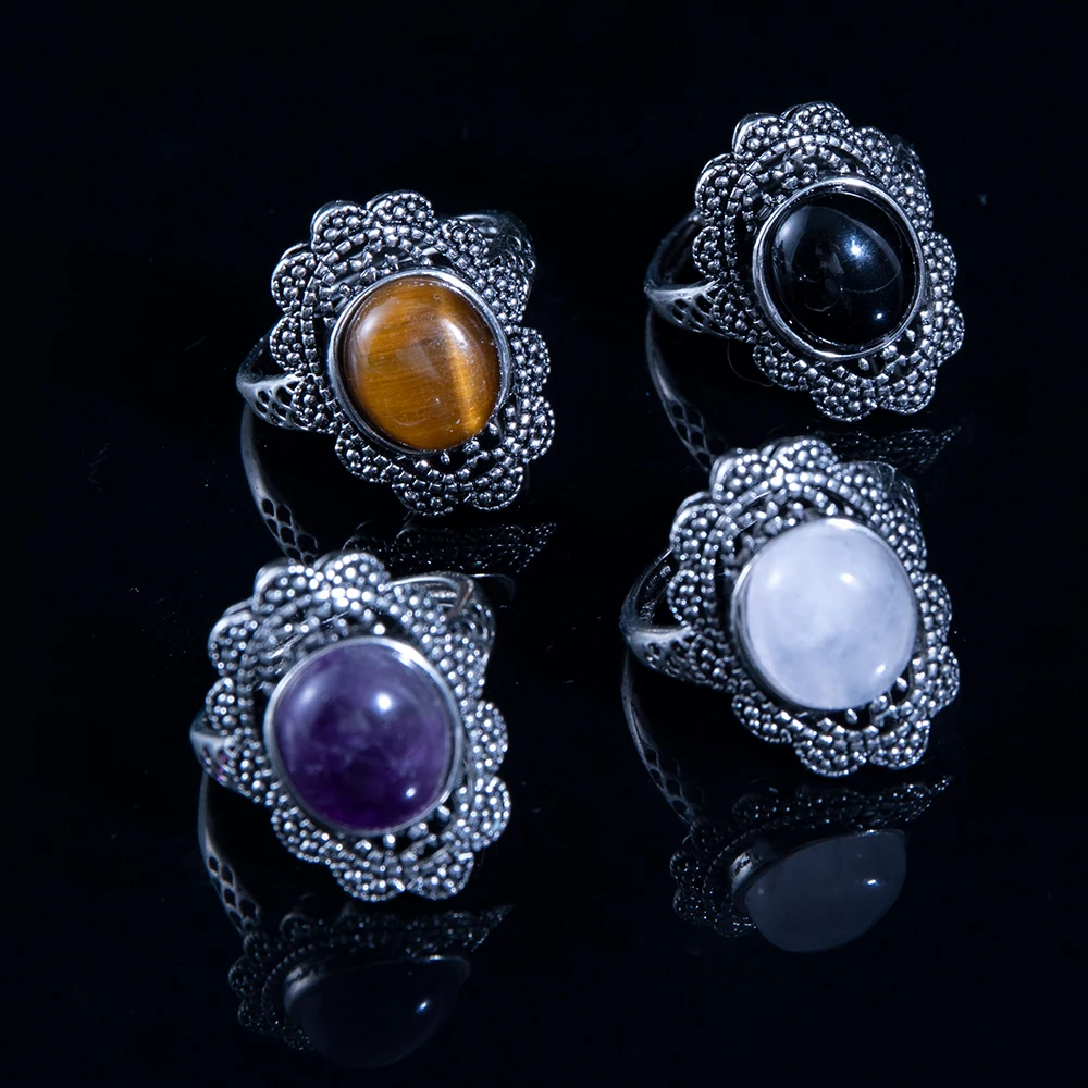 

natural tiger eye amethyst obsidian suitable for women men adjustable copper-plated silver ring, for parties and gifts