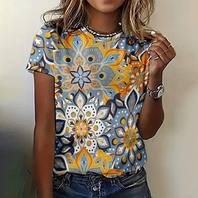 

Женская футболка с цветочным узором для девочек, изысканные этнические футболки с короткими рукавами и 3D принтом, летние повседневные свободные футболки, топы с круглым вырезом