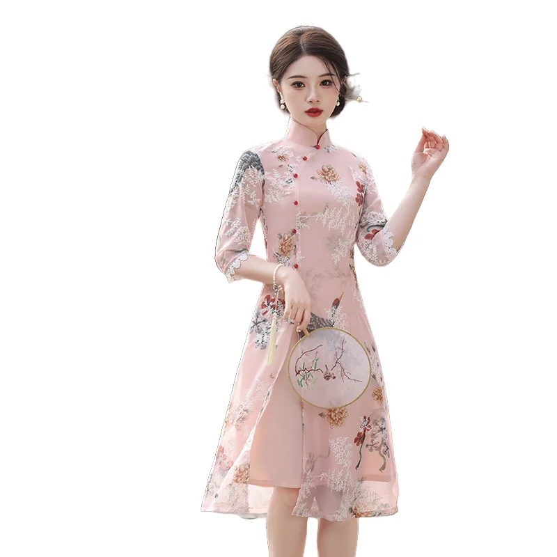 

Pink Organza Traditional Improved Cheongsam Chinese Classic Printed Dress Stand Collar Half Sleeved Split A-line Skirt for Women