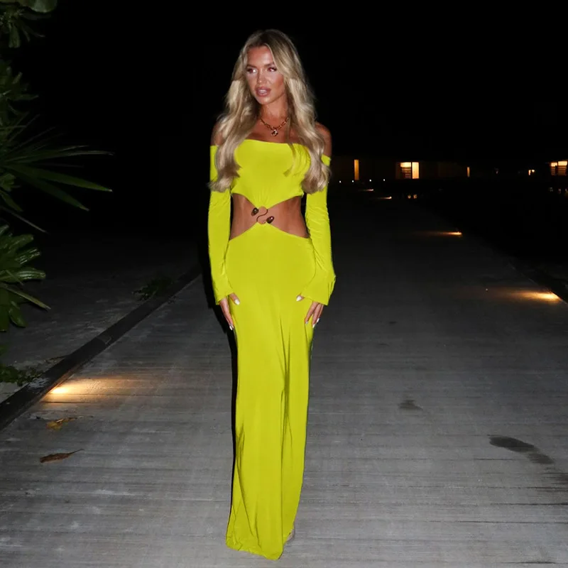 Robe d'été Sexy à une épaule, manches longues, taille découpée, fente, couleur Pure, vêtements pour femmes d'Europe et d'amérique, nouvelle collection