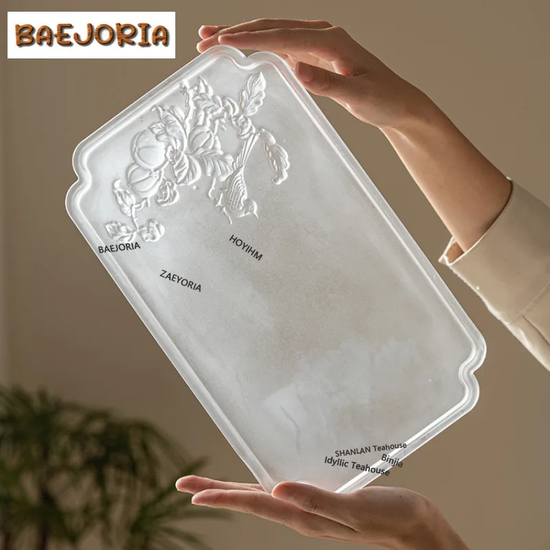 BAEJORIA Handmade Relief Persimmon Joyful Tea Tray Frosted Crystal Glass Rectangular Fruit Plate Tea Board Dishes For Serving