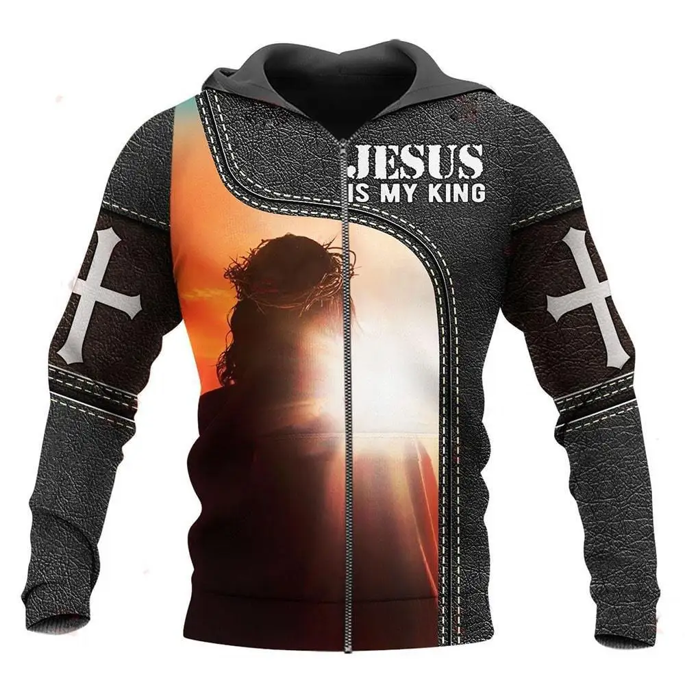 Retro Men Hoodies Jesus Knight 3D Printing Latin Cross Graphic Zipper Hoodie Men Pullovers Fashion Cool Oversize Clothing Tops