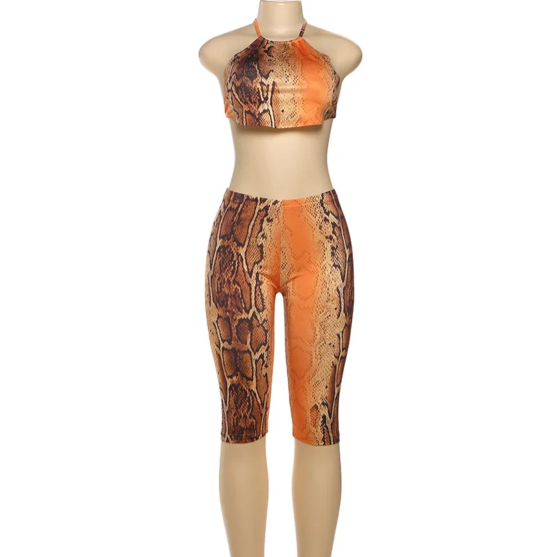 Serpentine Print Damen Sexy 2-teiliges Set Schnürhalter Rückenfreie Weste Crop Tops + Knielange Hosen Nachtclubwear Schlanke Anzüge