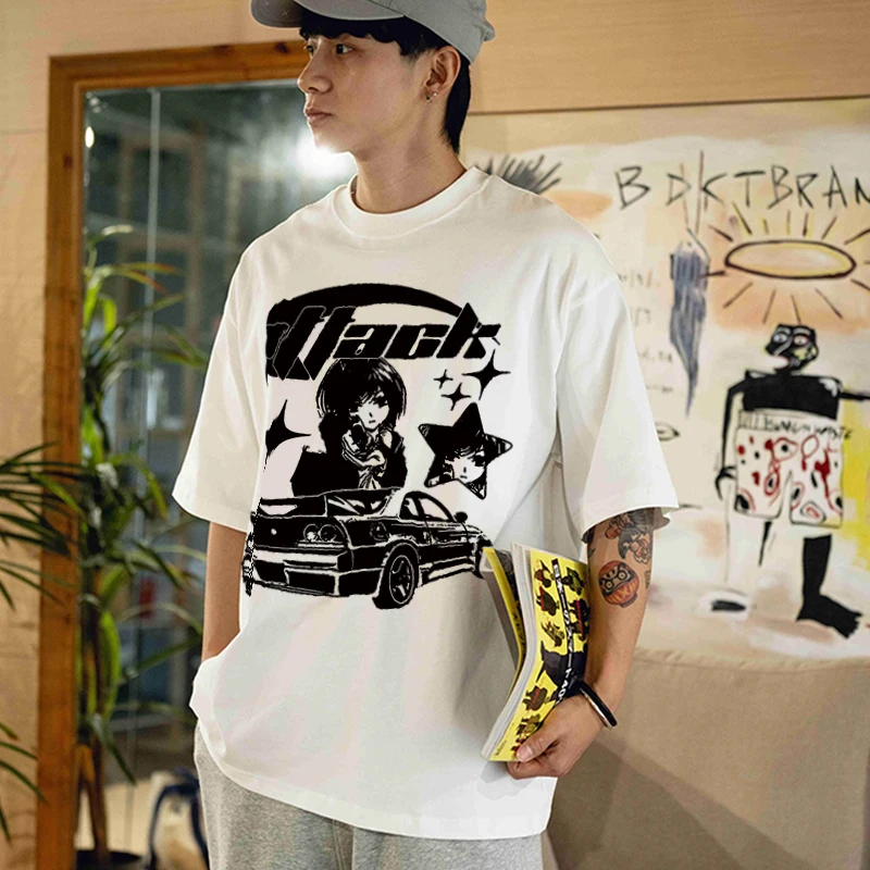 Oversized T-Shirt Men Y2k Tops Cotton  Print Car Summer Harajuku Streetwear Graphic Short Sleeve Tee Vintage Aesthetic Clothing