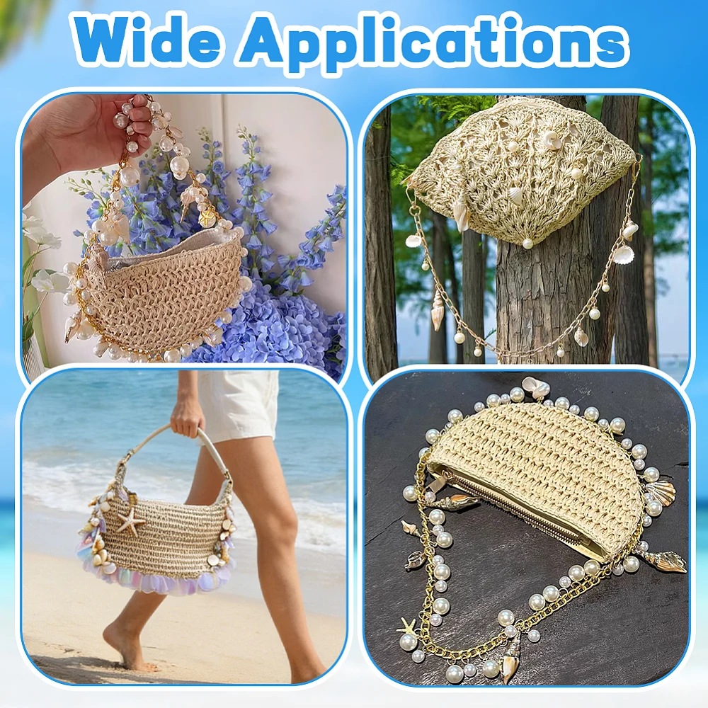436pcs Beach Purse Straw Shoulder Bag DIY Set Pearl Decoration Woven Summer Beach Evening Bags Strap Shell Charms Boho Bag Chain