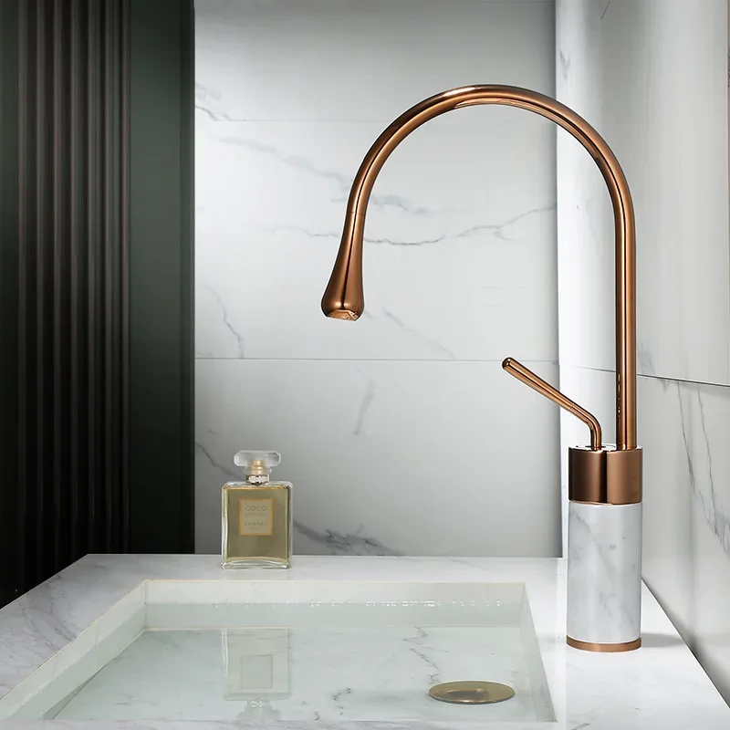 

Bathroom Faucet Rose Gold Basin Brass and Marble Sink Mixer Tap Hot and Cold Sink Bathroom Lavotory