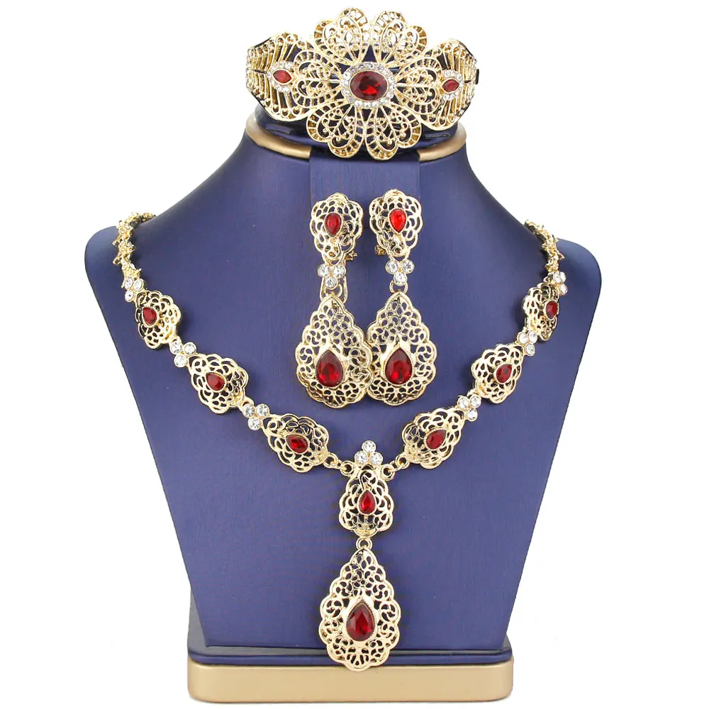 Sunspicems Morocco Bride Jewelry Sets Hollow Flower Women Earring Necklace Bracelet Water Drop Crystal Arabic Wedding Necklace