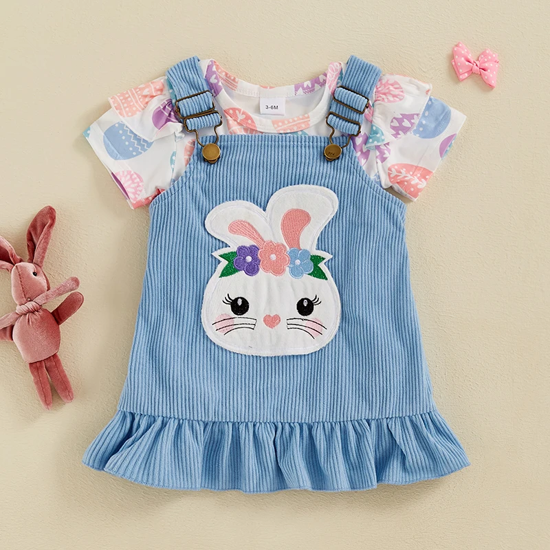 Tenue de Pâques pour bébés filles, barboteuses à imprimé nœud d'oeuf, ensemble de robe à bretelles ours lapin, vêtements d'été mignons