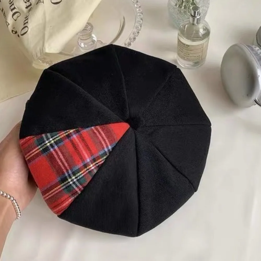 Simple Keep Warm Vintage English Hat Sweet Korean Style Red Tartan Beret Comfortable Bob Hat Thick Octagonal Cap Ladies