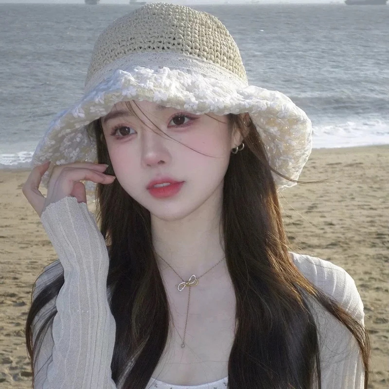 

Custom Lace Flower Wide Straw Hat Beach Women's Fisherman Hat Tie New Summer Style