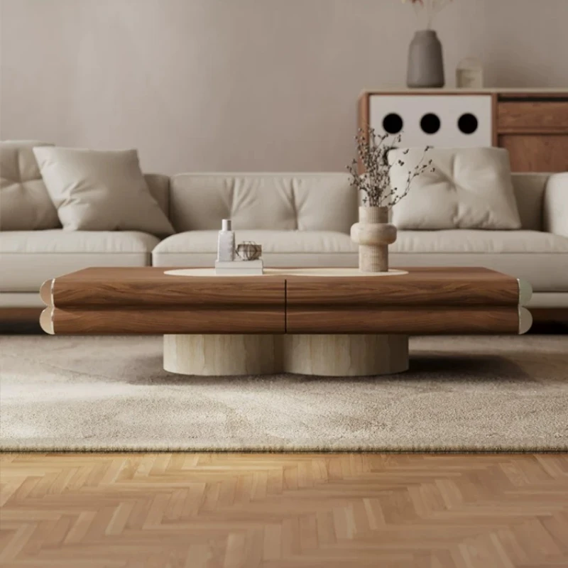 Mid-Century Modern Coffee Table with Walnut Wood Veneer, Travertine Inlay and Built-In Drawers for Small Living Rooms