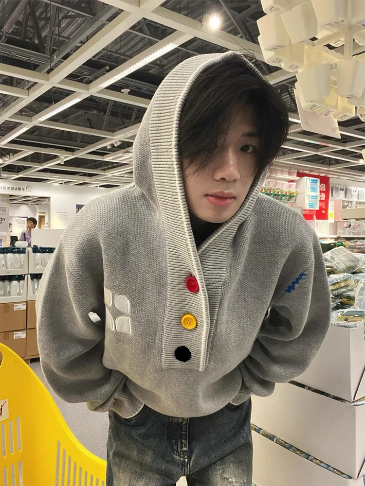 

Модная ленивая высококачественная вязаная толстовка с капюшоном с вышивкой в американском стиле ретро, верхняя одежда для пар, свободная посадка из полиэфирного волокна