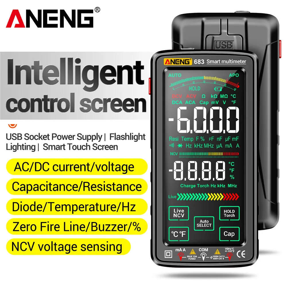 

ANENG 683 Smart Multimeter Rechargeable 6000 Counts High-Touch AC/DC Voltage Current Tester NCV Ohm Capacity Temp Electrician To