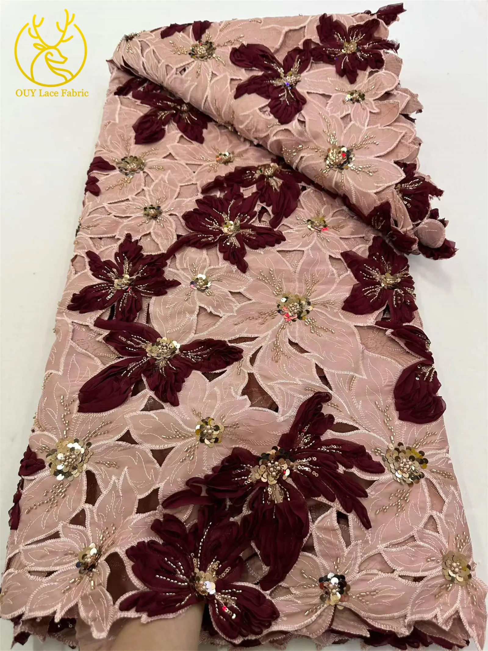 Afrikanischer französischer Stickerei-Spitzenstoff mit Perlen und Pailletten, nigerianischer Tüll-Stickerei-Blumenstoff für Abendkleider, Nähen und Dekoration – Detail 10