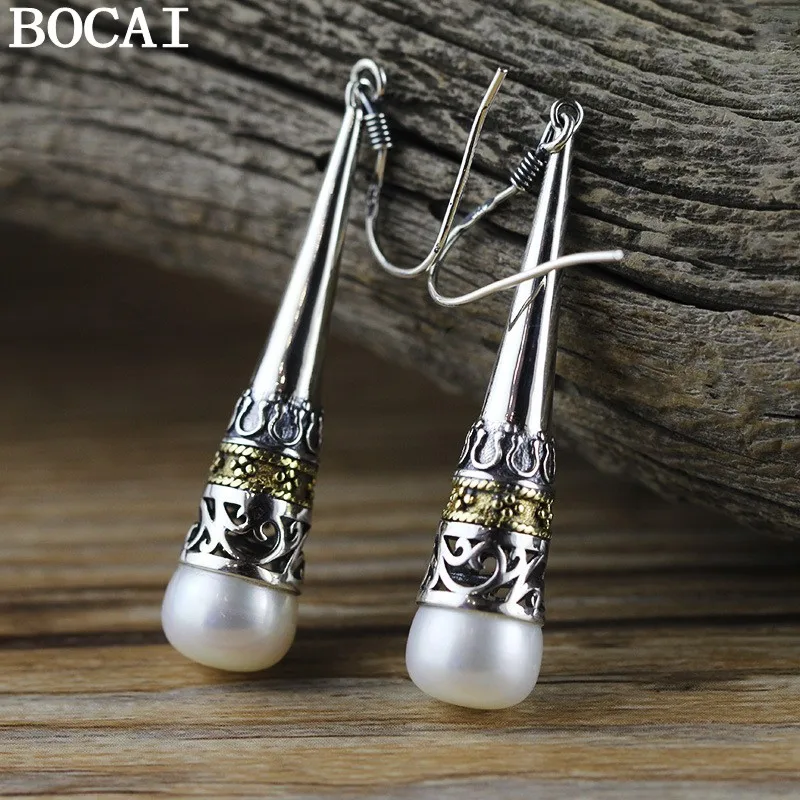 

BOCAI S925 Silver Carved Inlaid with Natural Pearl Earrings Original Ethnic Style Personality and Fashion Women's Earrings